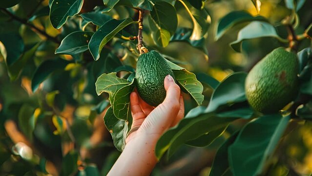 A hand picking a ripe avocado from a tree