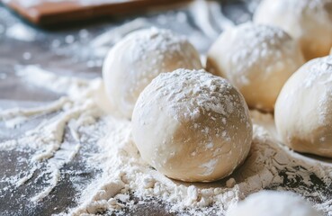 Freshly Made Dough Balls Dusted With Flour on a Wooden Surface