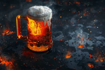 Fotobehang Mug of beer with foam on fire background,  Alcohol concept © Nguyen