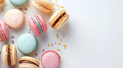 Fotobehang Pastel macarons on a white background, ideal for content on patisserie, sweetness, or treats. © mashimara