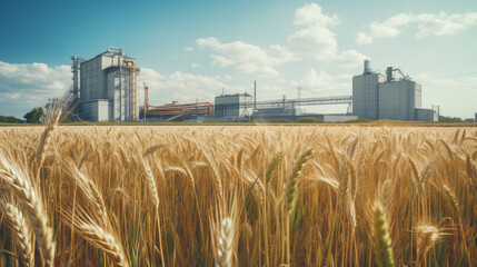a beautiful field of wheat, modern mill are nearby