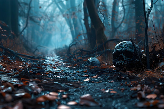 Haunting Remains along the Ominous Path through the Eerie,Shrouded Woodland