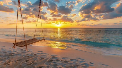 A breathtaking beach sunset with golden and purple tones filling the sky, and a cozy hanging swing suspended from a tree, creating a peaceful and idyllic setting.