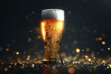 Glass of beer with splashes on a dark background,   rendering