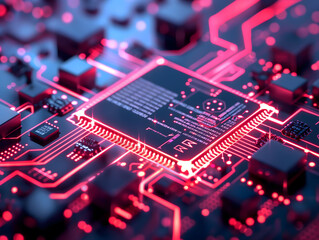close-up view of high-tech computer chips, Futuristic central processor unit. Powerful Quantum CPU on PCB motherboard with data transfers - obrazy, fototapety, plakaty