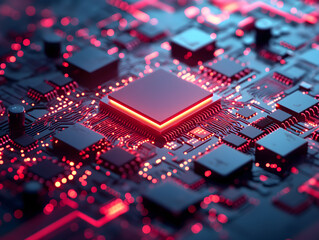 close-up view of high-tech computer chips, Futuristic central processor unit. Powerful Quantum CPU on PCB motherboard with data transfers - obrazy, fototapety, plakaty