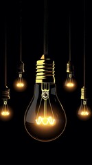 Vintage light bulb glowing in the dark surrounded by other bulbs in a vector illustration with a black background, detailed, in the style of photorealistic, stock photo, high resolution photography, i