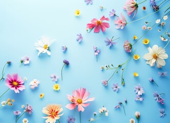 Assorted Spring Blossoms Artistically Scattered on a Soft Blue Background