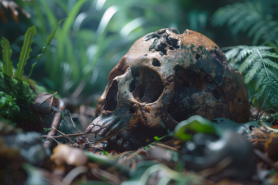 Haunting Skull Amid Jungle Overgrowth in Desolate Apocalyptic Landscape