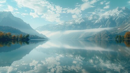 A serene lake reflecting the surrounding mountains. Generative AI.