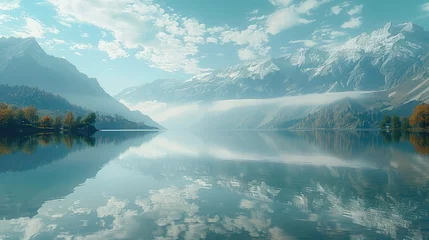 Foto op Canvas A serene lake reflecting the surrounding mountains. Generative AI. © visoot