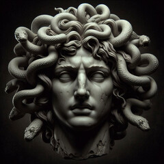 The Classic Depiction Of The Head Of The Gorgon Medusa From Ancient Mythology. A Gloomy Awesome Look Horror Fright.	