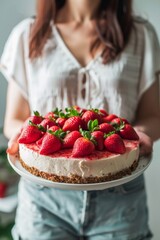 Woman Presenting a Fresh Strawberry Cheesecake With Pink Topping Indoors