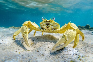 Close up of yellow crab on the sand in the sea, underwater photo