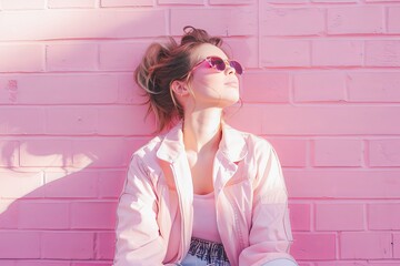 Young Woman Enjoying Sunshine Against Pink Wall in Casual Attire
