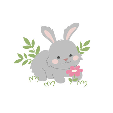 Cute bunny in the grass and with a flower. Gray rabbit on the lawn. Vector illustration