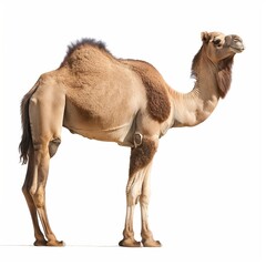 A solitary camel stands gracefully against a white background, showcasing its unique physiology and calm demeanor.