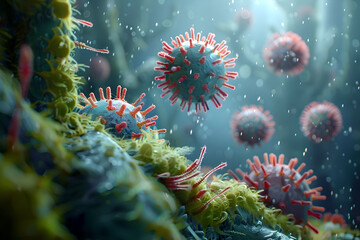 Obraz premium Hyper-Detailed Microscopic Visualization of Contagious Viral Pathogens in a Vivid,Cinematic Environment