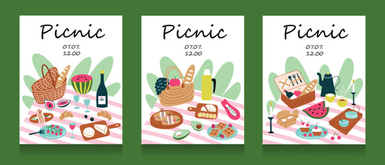 Picnic invitation cards, cartoon compositions with blankets and wicker baskets, set of postcard templates with copy space, vector arrangements with picnic food, wine, fruit, summer collection