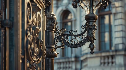 Intricate wrought iron detailing on a historic street lamp post, showcasing craftsmanship and elegance,