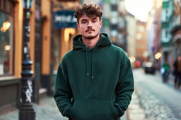 Young Man Dressed in a Casual Green Hoodie Standing on an Urban Street