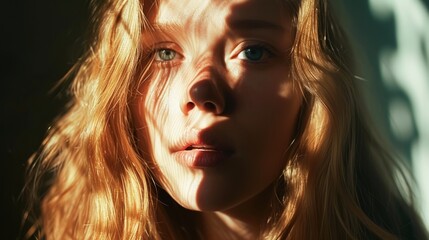 Young Woman With Blue Eyes Bathed in Sunlight Through Blinds