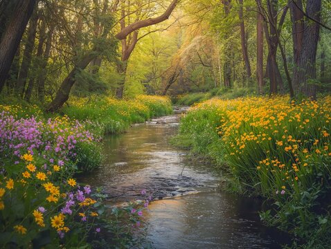 The small river flows through the forest, In the spring, there is an endless garden on both sides of the river in the forest. The trees and flowers bloom with colorful colors. 