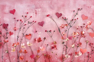 Valentine's day background with flowers and hearts on pink background