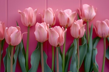 Pink tulips on a pink wooden background,  The concept of spring