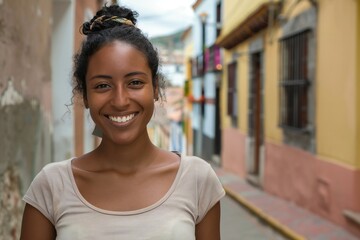Portrait of a beautiful young woman smiling at the camera in the streets of the city - obrazy, fototapety, plakaty
