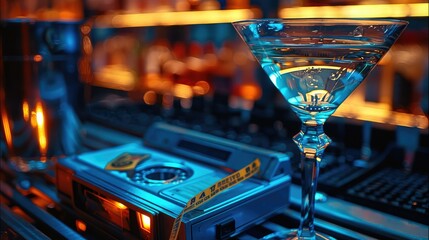 Martini cocktail glass next to blue cassette tape on metal surface. Generative AI. - obrazy, fototapety, plakaty