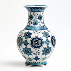 Traditional blue and white vase with intricate floral patterns against a clean background.