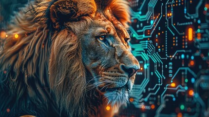 Close-up of a lion head merging with a colorful electronic board, symbolizing the blend of nature and powerful technology. Generative AI.