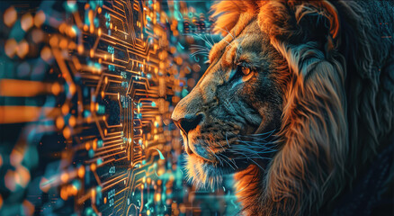 Close-up of a lion head merging with a colorful electronic board, symbolizing the blend of nature and powerful technology. Generative AI.