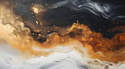 Luxury black and gold abstract liquid painting. Marble texture. Paint splash.