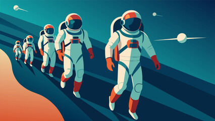 A group of designers and astronauts hover in formation each wearing a different prototype of a nextgeneration space suit. From improved - obrazy, fototapety, plakaty