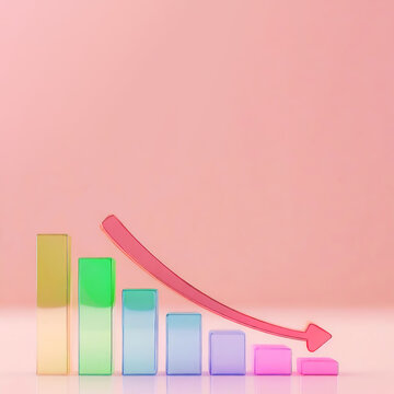 3d render. colorful glossy transparent decreasing cost bar chart down arrow decline trend concept background with blank space