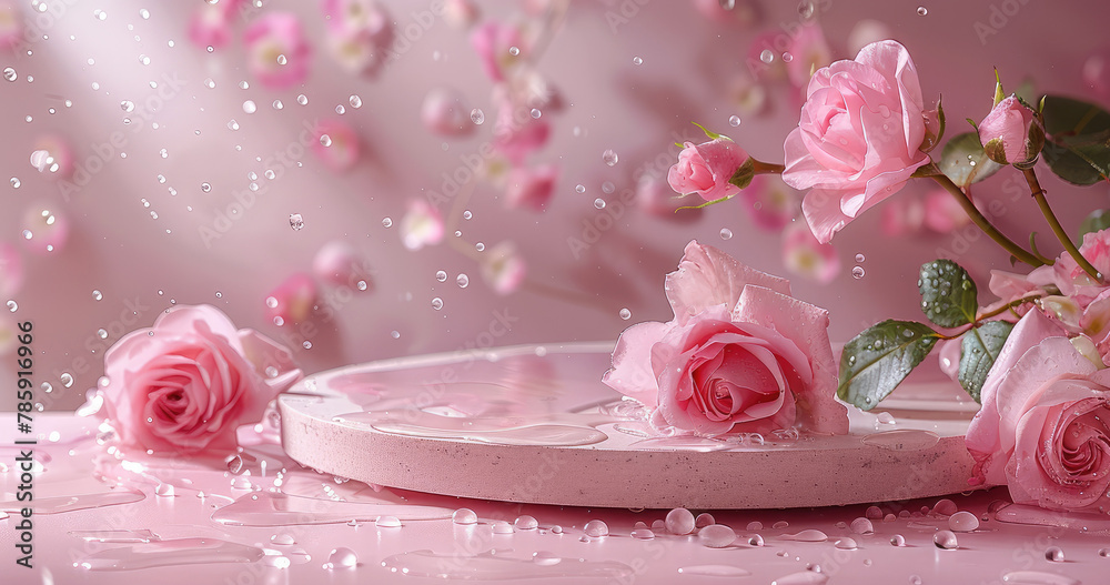 Poster round podium with water and flowers on pink background with drops. empty round plate with water drop
