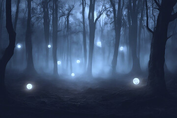Ghostly orbs floating in a haunted forest at night.	 - obrazy, fototapety, plakaty