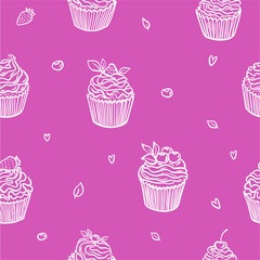 Vector, seamless pattern from a collection of cupcakes, muffins, hand-drawn in a doodle style.