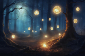 Naklejka premium Ghostly orbs floating in a haunted forest at night.