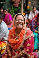 In the hotel courtyard, a South Asian woman attends a garden party, her vibrant attire and infectious laughter adding to the festive atmosphere of the occasion