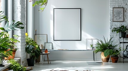 A bright artist's studio with an empty white frame on a white wall, surrounded by subtle hints of art supplies like paintbrushes, palettes, and sketches scattered around.