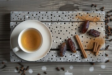 Cup of tea with dried dates and cinnamon sticks on wooden background - obrazy, fototapety, plakaty