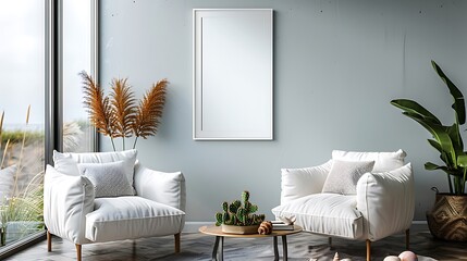 A cozy corner in a coastal-themed living area, with an empty white frame on a soft blue wall.