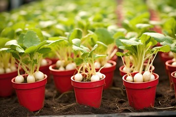Radish Rows: Neat rows of radishes growing in containers.