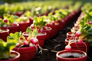 Radish Rows: Neat rows of radishes growing in containers.