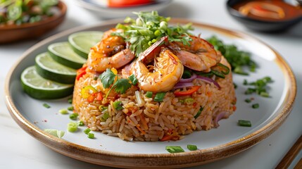 Vibrant Thai shrimp paste rice (Kao Kluk Gapi), rich in color and ingredients, focused on a clean white plate. - obrazy, fototapety, plakaty