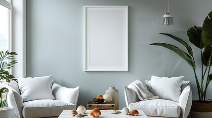 A cozy corner in a coastal-themed living area, with an empty white frame on a soft blue wall.