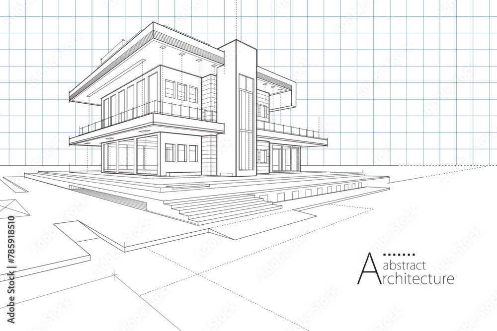 Poster 3D illustration abstract urban building out-line drawing of imagination architecture building construction design.